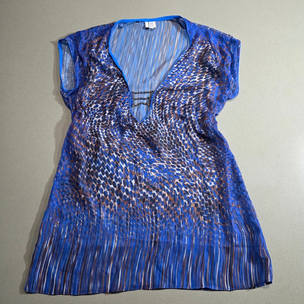 BECCA by Rebecca Virtue Blue Leopard Striped Chain V-Neck Swim Cover Up XS/S